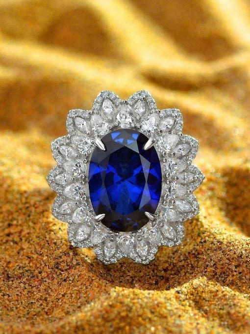 Blue corundum [R 1936] 925 Sterling Silver Cubic Zirconia Geometric Luxury Band Ring
